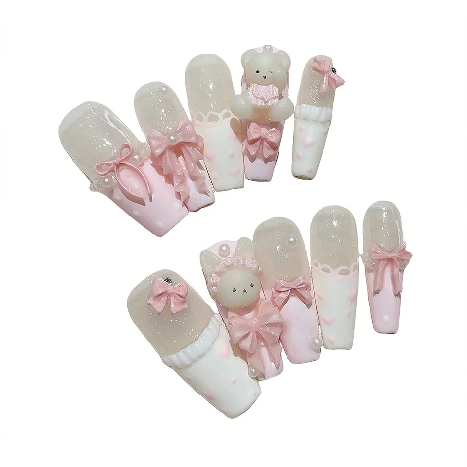 10 piezas kit de uñas postizas largas trapezoidales hechas a mano, blancas y rosas, con diseño de osito de caramelo 4