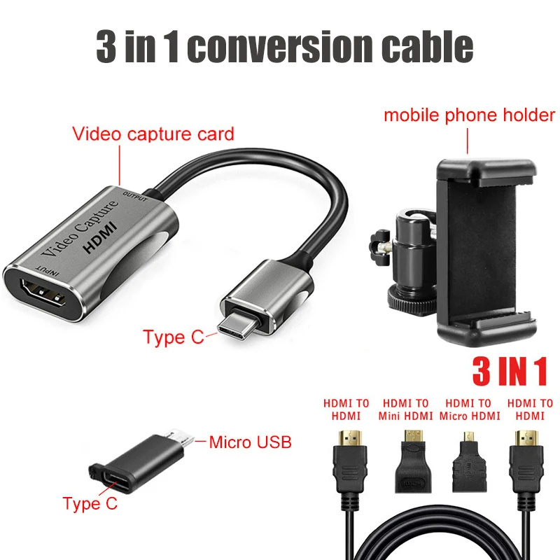 HDMI-adapter 4K video-opnamekaart DSLR videocamera transmissie mobiele telefoon schermmonitorset voor Vlog Youtuber Filmmaker