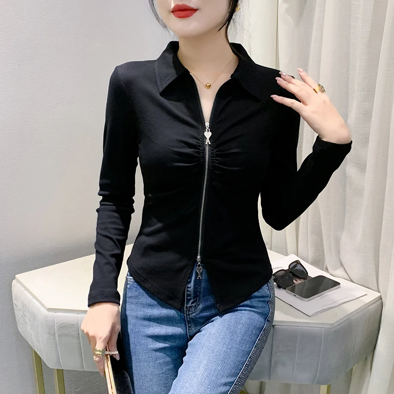 2023 New Fall Winter European Clothes T-Shirt Fashion Sexy Turn-down Collar Zipper Women Tops Long Sleeve All Match Tees 39098