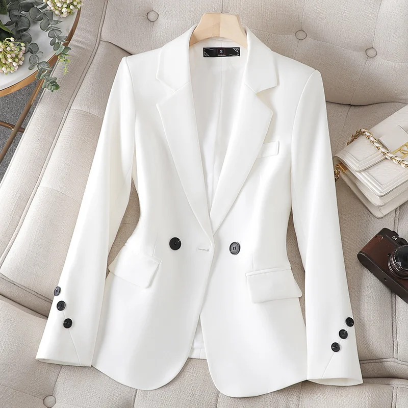 

New Spring Autumn White Khaki Black Blazer Women Long Sleeve Double-breasted Office Ladies Jacket Business Work Wear Formal Coat