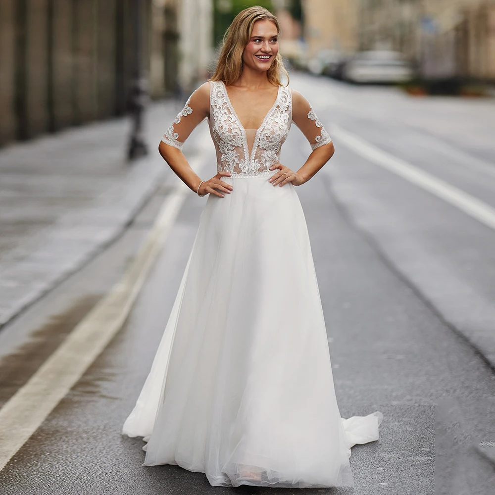 

Romantic Tulle Wedding Dress Deep V-neck Appliques Lace Half Sleeves Bridal Gowns for Woman with Zipper Back Vestido De Novia