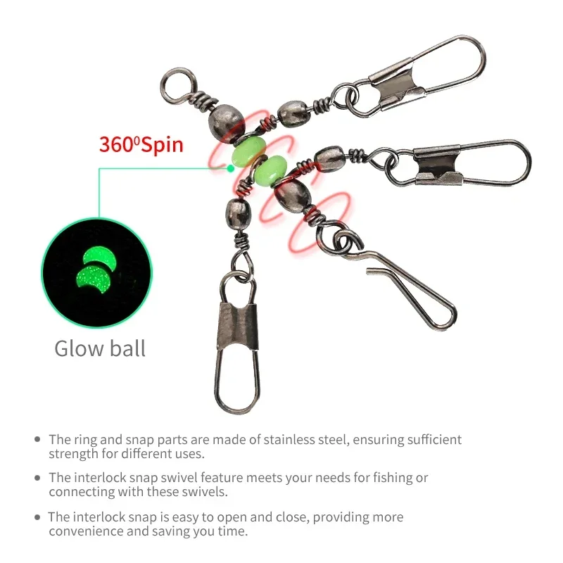 8#/10# 25pcs Luminous Fishing Pin Connector Barrel Swivels Squid Jig Hard Bait With Interlock Snap