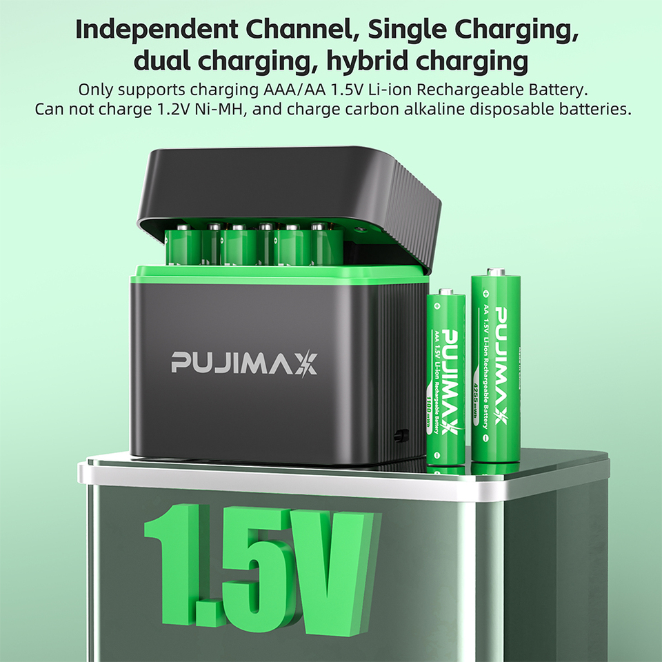  PUJIMAX 1.5V Lithium Ion Battery Charger 8/ Slots Combo Charging Compartment Smart Flip Top Charger Can Charge AA+AAA Batteries 