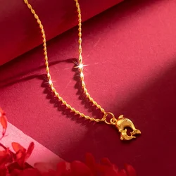 9999 real gold 24K yellow gold Double dolphin necklace female clavicle chain gold jewelry