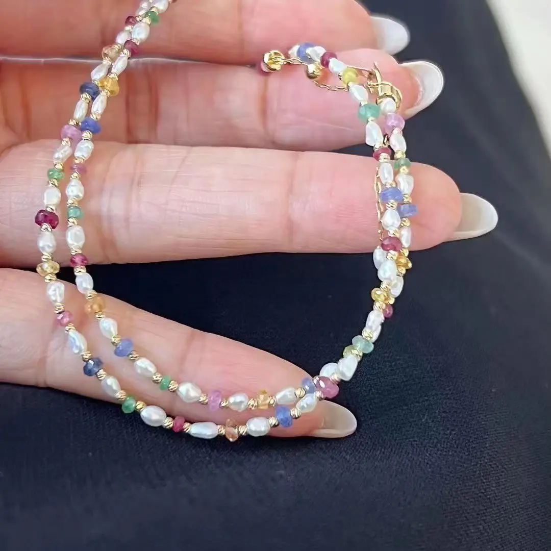 Certificate 925 Sliver Natural Rainbow Sapphire Freshwater Pearl 2.5-3mm String Choker Genuine Gems Beaded Neck Strand Necklace