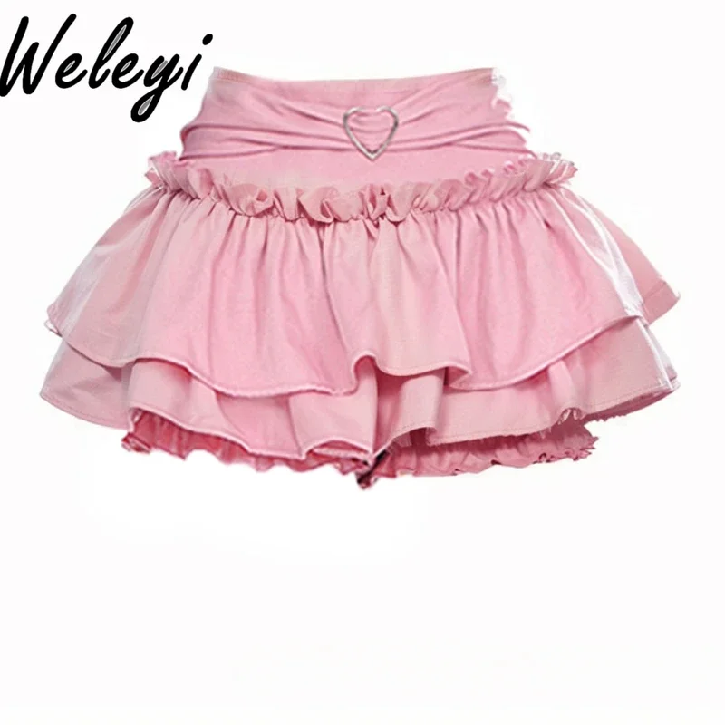 

Sweet Women Fluffy High Waist Mini Pink Cake Skirt 2024 New Summer Sexy Love Heart Anti-light Short Skirts Pants Woman Clothing