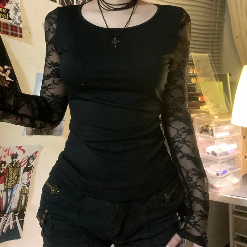 Sexy Black Lace Slim Fit Round Neck T-Shirt Women's Autumn New Arrival Dull Black Thin Style Smooths Your Silhouette Base T-Shir