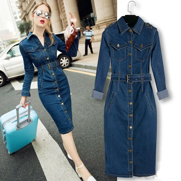 

Women Long Denim Dress Autumn Ladies Slim Long Sleeves Cowboy Midi Dress