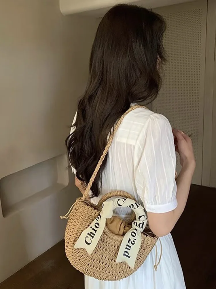 Hand Woven Straw Semicircle Tote Bag Large Capacity Handheld Crossbody 2-in-1 Beach Vacation Fashion Bag for Women