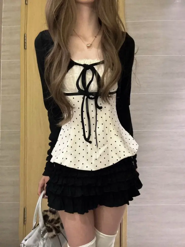 Korean Fashion Polka Dots Lace Bow Tie 3 Piece Set Women Girls Black Tiered Ruffle Mini Skirt Cami Top Short Cardigan Daily Wear view 3