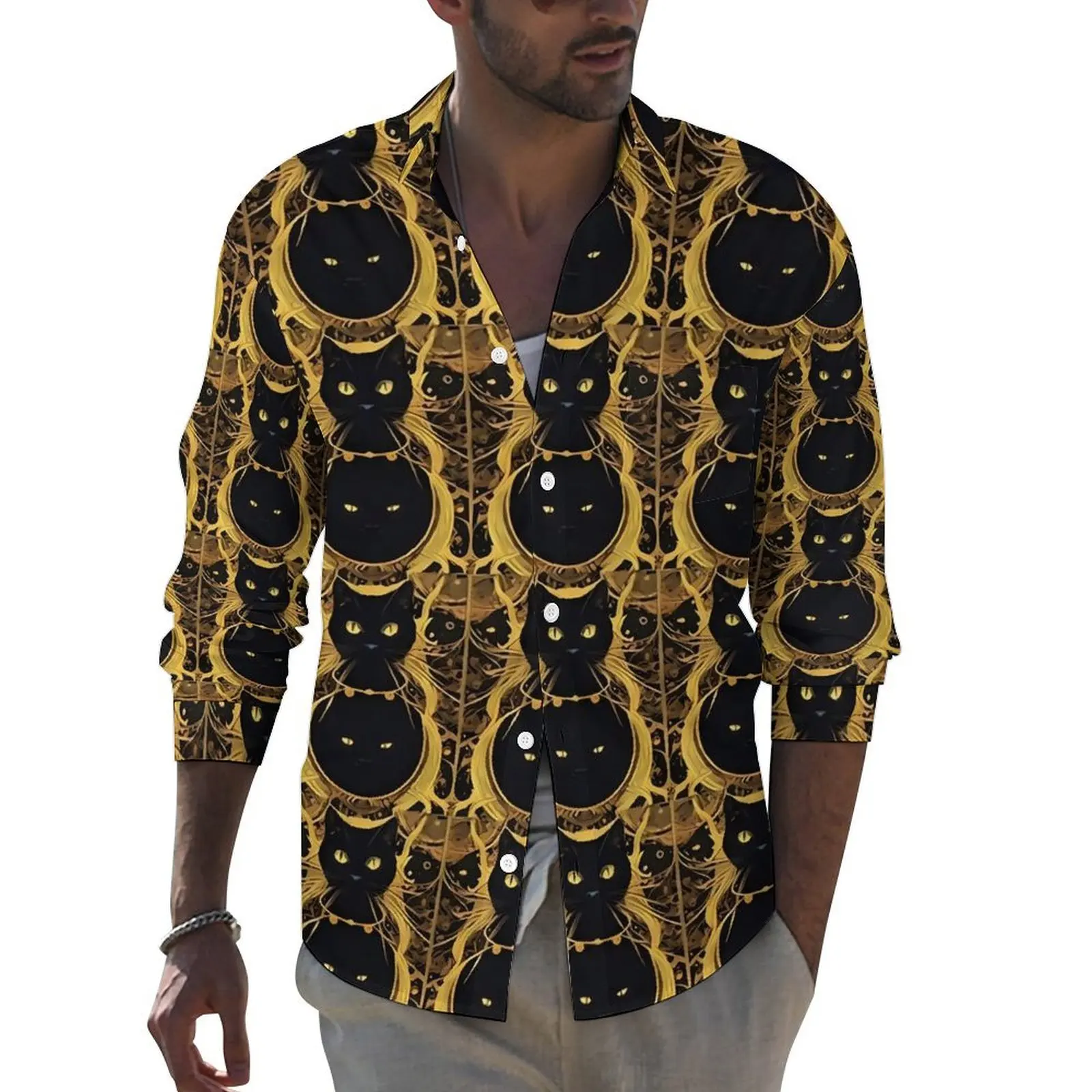 

Tarot Card Print Casual Shirts Men Retro Black Cat Shirt Long Sleeve Vintage Y2K Blouses Spring Custom Clothes 3XL 4XL