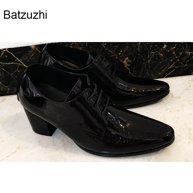 New 7.5cm High Heel Men Shoes Pointed Toe Black Patent Leather Dress Ankle Boots Men Party Zapatos De Hombre, Big Sizes 38-46