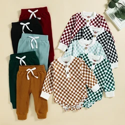 2PCS Autumn Boys And Babies Aged 0-2 Years Old Casual Fashionable Checkerboard Long-Sleeved Top + Solid Color Pants Set