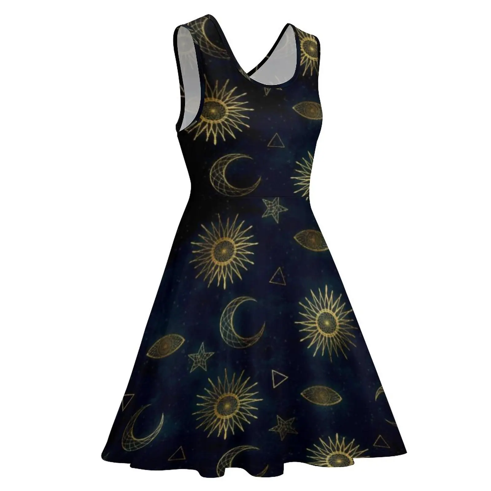 Vestido símbolo mágico ouro lua sol estrelas vestidos estéticos feminino night club skate vestido de verão roupas estampadas 3xl 4xl 5xl