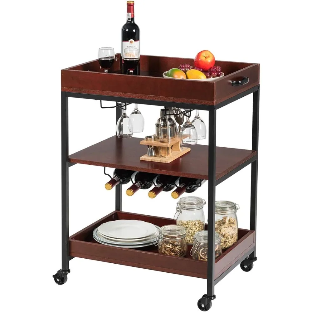 

Kitchen Island Cart Rolling Industrial Style Trolley 3-Tier Serving Cart Utility Cart Wood Kitchen Stand with Glasses Ho