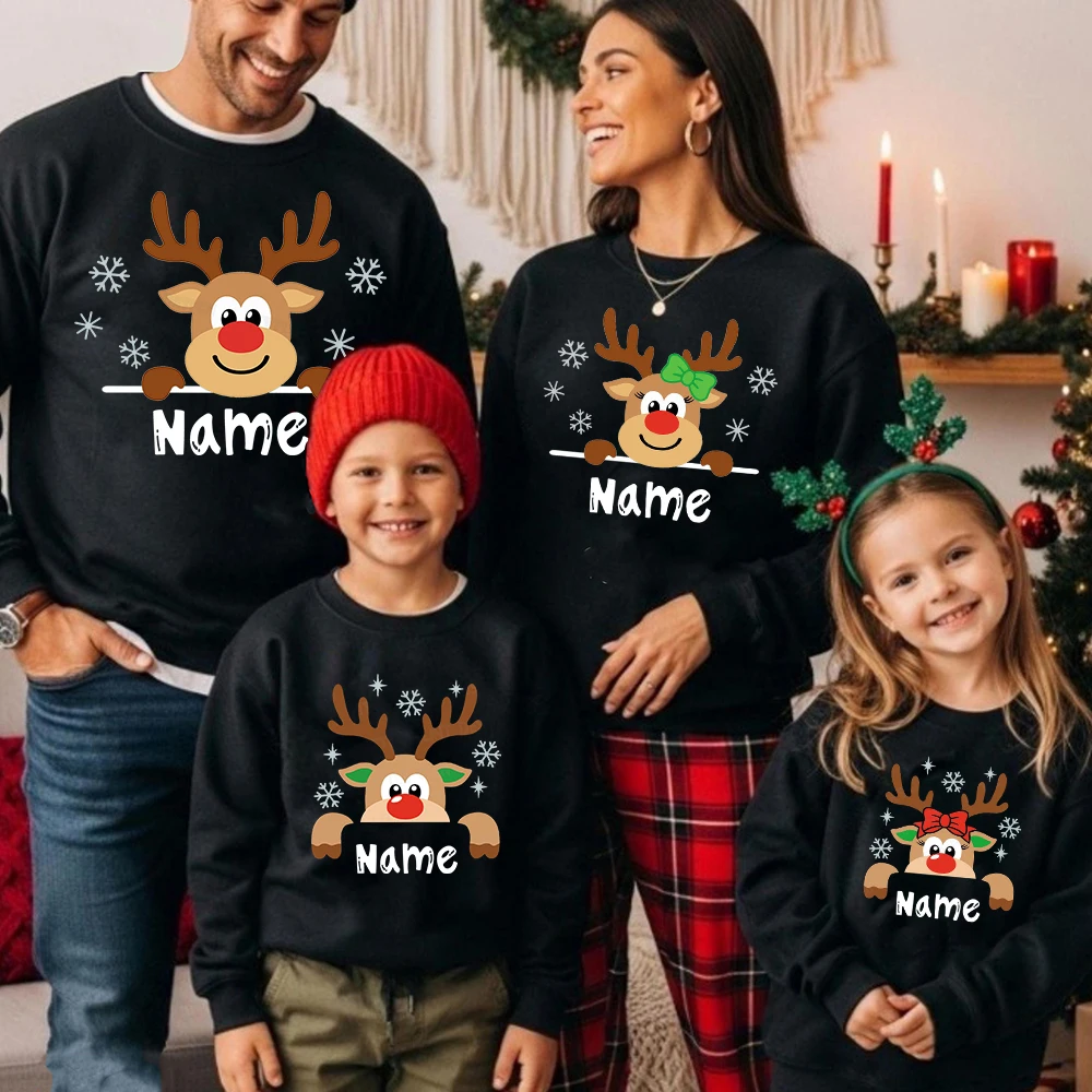 Weihnachten Hirsch individueller Name passendes Sweatshirt Mama Papa Tochter Sohn Tops Familie Weihnachten Hoodie Urlaub Geschenk Weihnachtsnamen Kleidung