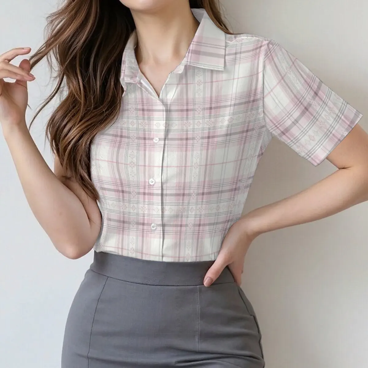 

Женская летняя рубашка с коротким рукавом в розово-белую мелкую клетку, стильный преппи-стиль, элегантный образ, подходит для отдыха.