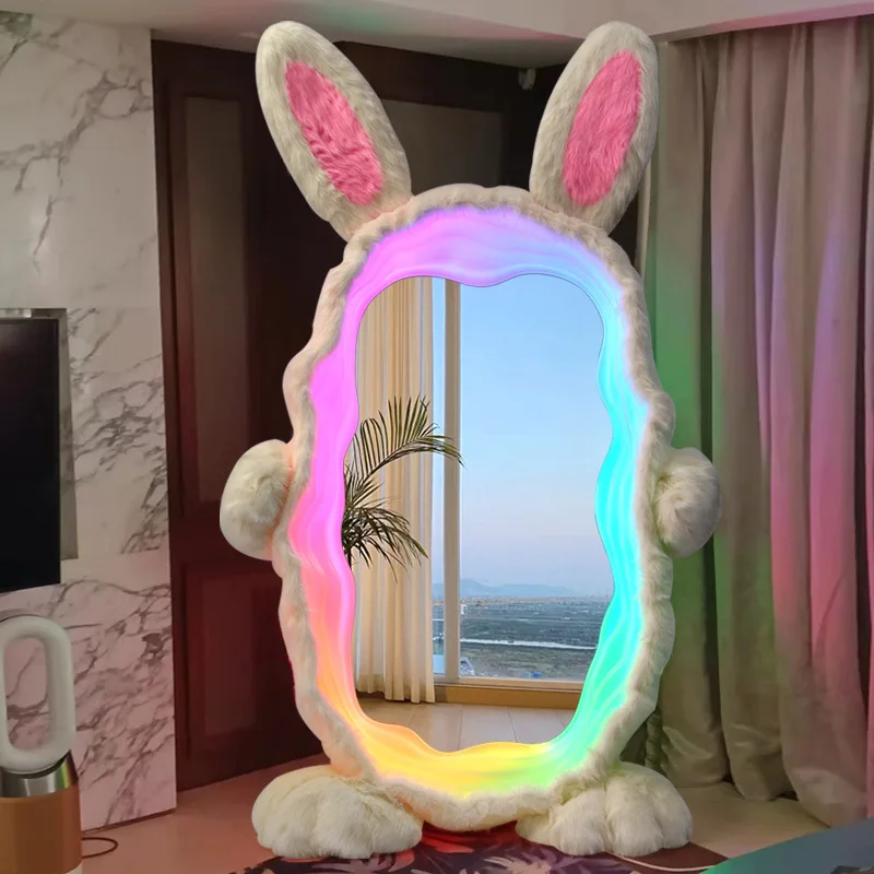 

Internet famous rabbit dressing mirror, bedroom makeup mirror, living room with lighting, plush RGB floor mirror decoration, ful