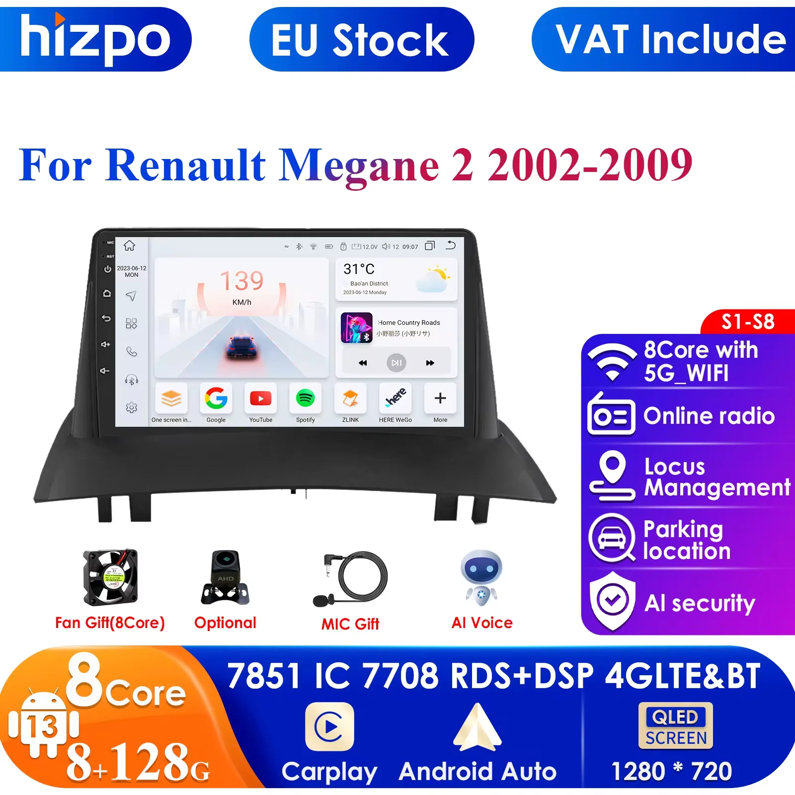 For Renault Megane 2 2002-2009 Android Head Unit Stereo 2 Din Car GPS Navigation Multimedia Video Player FM Wifi with Frame DSP