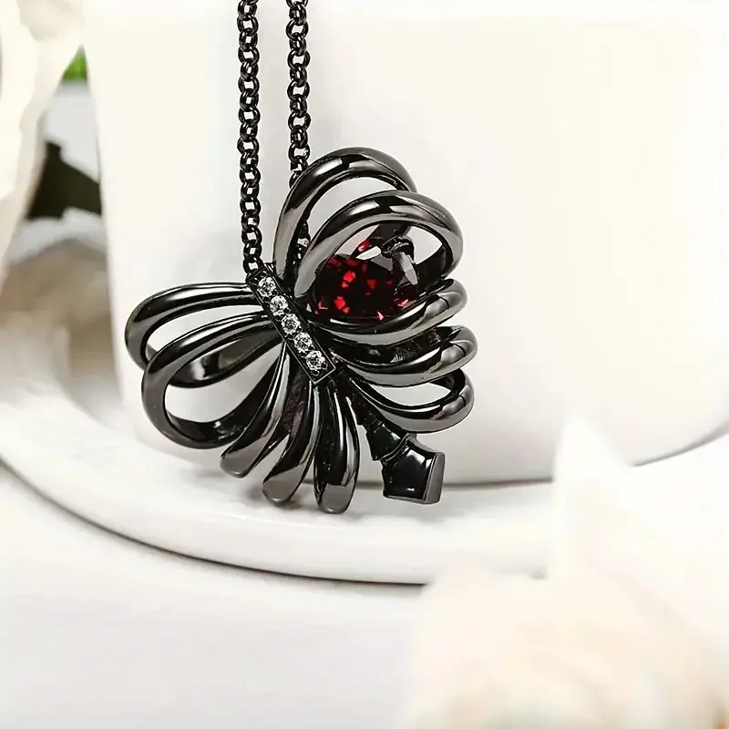 Gothic Black Heart Pendant Necklace with 10mm Red Cubic Zirconia - Vintage Style Copper Fashion Jewelry for Women, Perfect for V