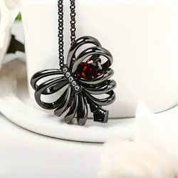 Gothic Black Heart Pendant Necklace with 10mm Red Cubic Zirconia - Vintage Style Copper Fashion Jewelry for Women, Perfect for V