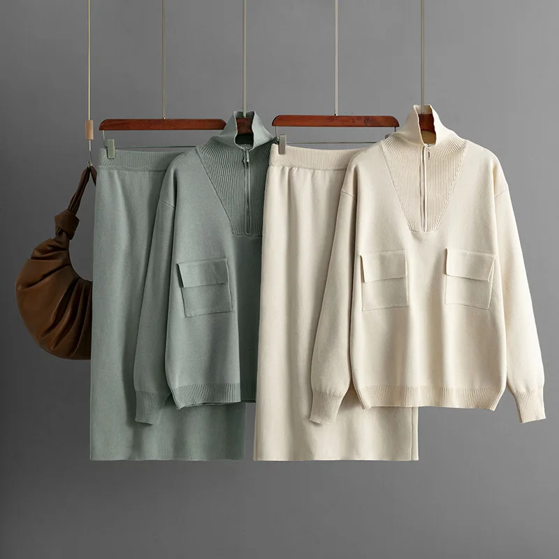 

2025 Autumn Winter Solid Color Turn-Down Collar Half-Zip Knitted Top Elegant Wrap Skirt Fashion Two-Piece Set Trendy