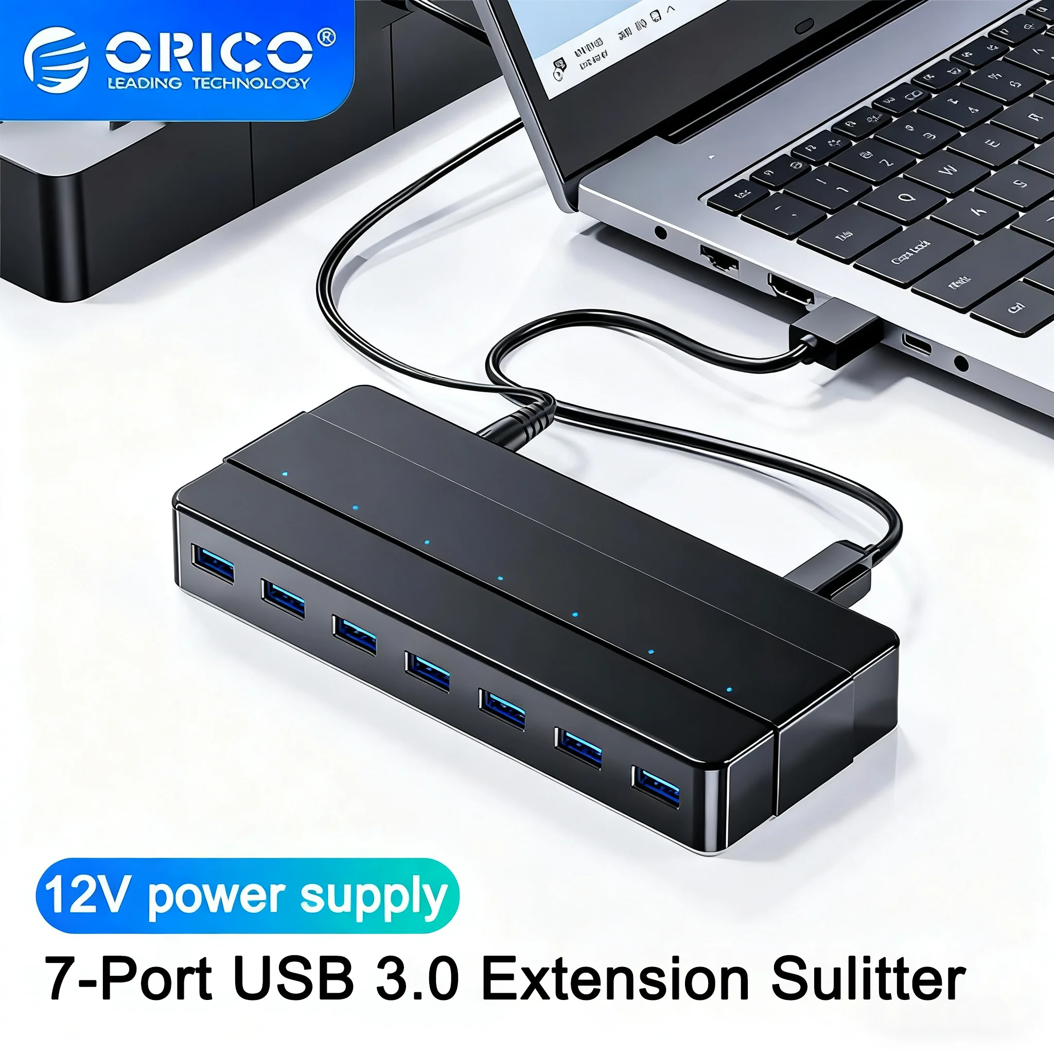 ORICO USB 3.0 Splitter Hochgeschwindigkeits-4-7-Port-HUB-Dockingstation Multi-Interface-Konverter mit 12V-Stromversorgung