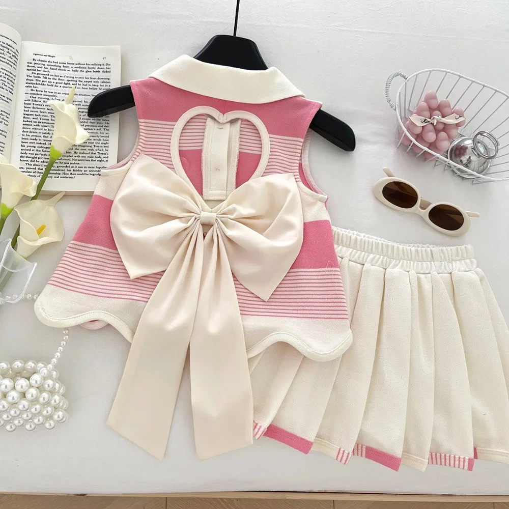Korean Version Summer New Sweet and Cute Pink Love Collar Striped Bow Top+pleated Skirt Two-piece Set for Girls Aged 2-9