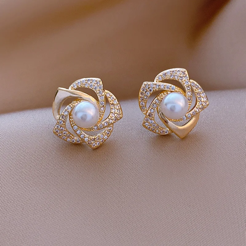 French Light Luxury Crystal Rose Flower Pearl Stud Earrings For Women Korean Exquisite Earring Party Mother's Day Jewelry