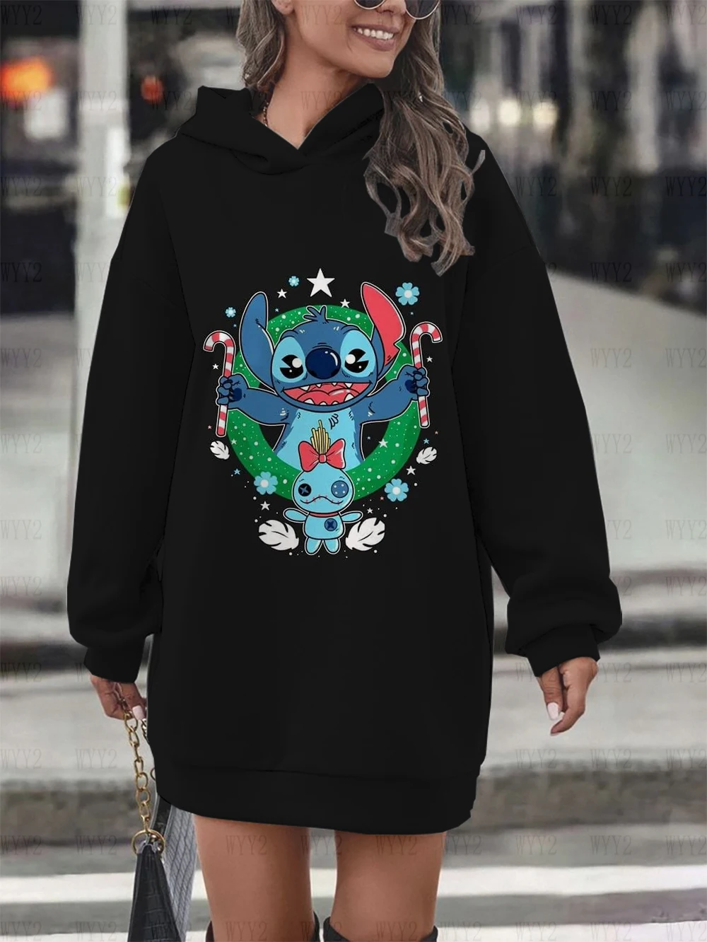 Robe à capuche imprimée Disney Stitch pour femme, chemise de protection chic décontractée, automne et hiver, Noël, offre spéciale, nouveau, 2024