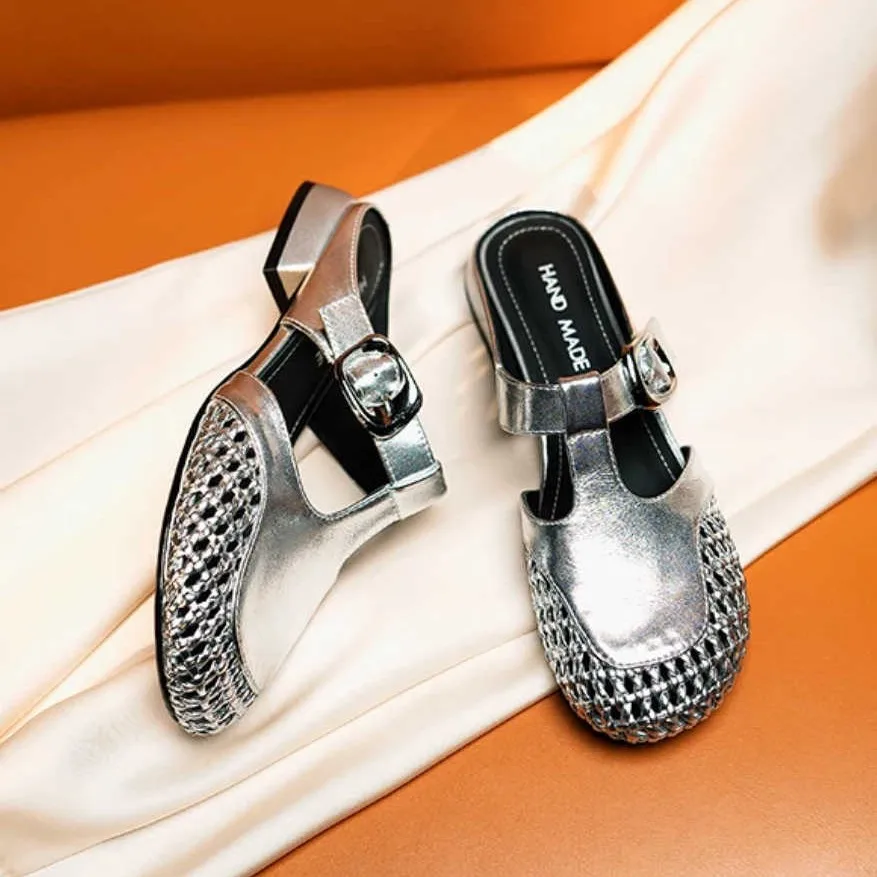 

Новые повседневные тапочки ручной работы из натуральной кожи, женские летние шлепанцы из воловьей кожи с полой сеткой, Т-образной пряжкой и закрытым носком на плоской подошве