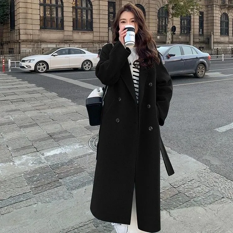 Korean Fashion Women Casual Loose Woolen Coat Elegant and Chic Solid Outerwear Long Overcoat with Belted Female Warm Cloak