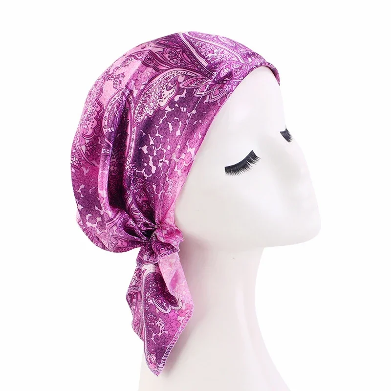 Satin Muslim Women Printed Pre-Tied Headscarf Elastic Female Turban Cancer Chemo Hat Hair Loss Sleep Caps Cover Headwrap Bandana