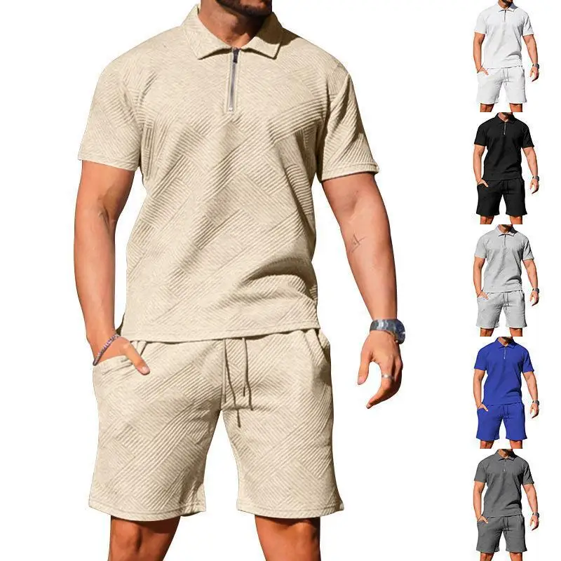 

MenTwo Pieces Sets Polo Turn Down Collar Shirt Pullover Shirts Knee Length Drawstring Pants Sports Casual Pockets Summer New
