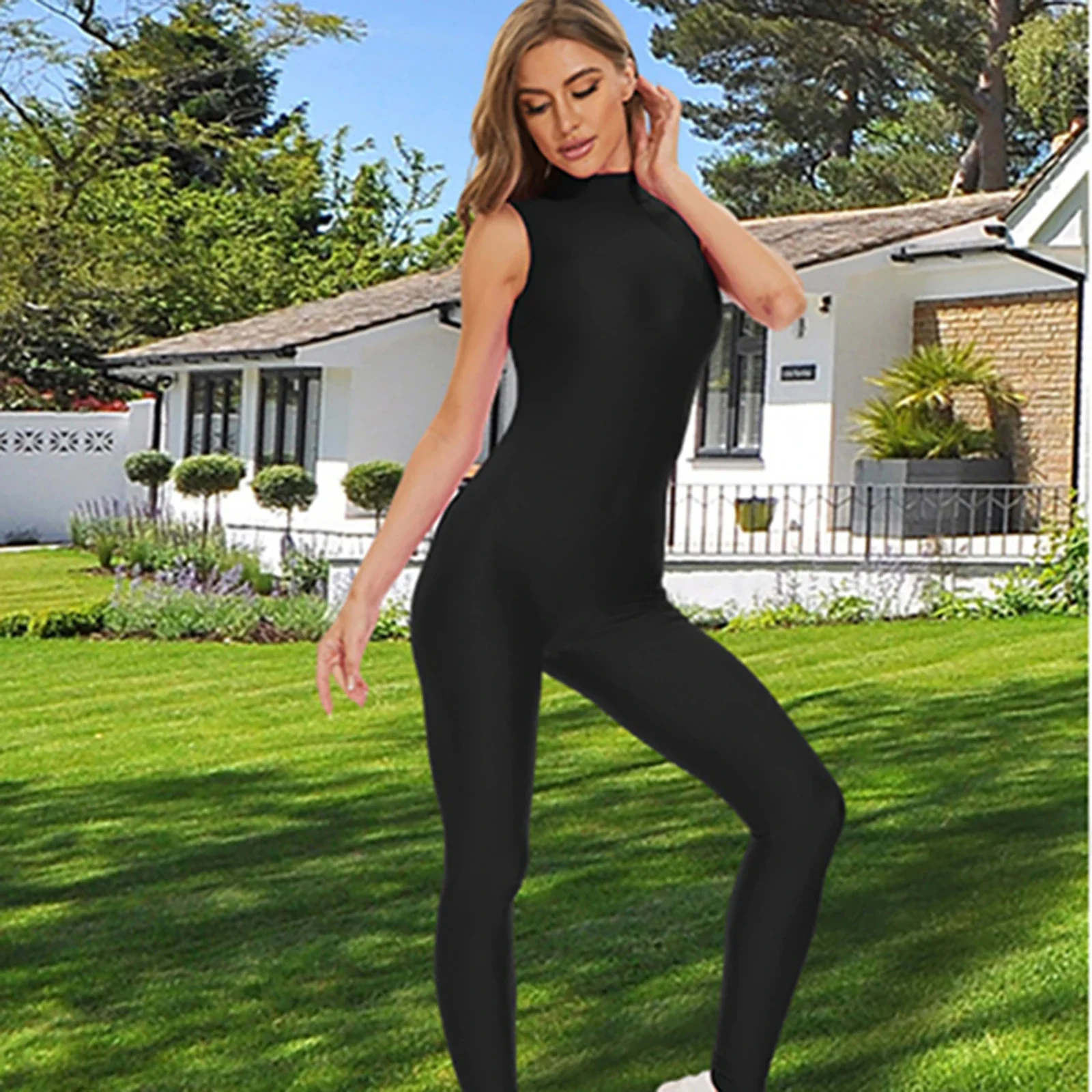 Aoylisey Vrouwen Mouwloze Coltrui Unitard Spandex Plus Size Workout Yoga Jumpsuits Balletdans Bodysuits Mannen Podium Kostuums