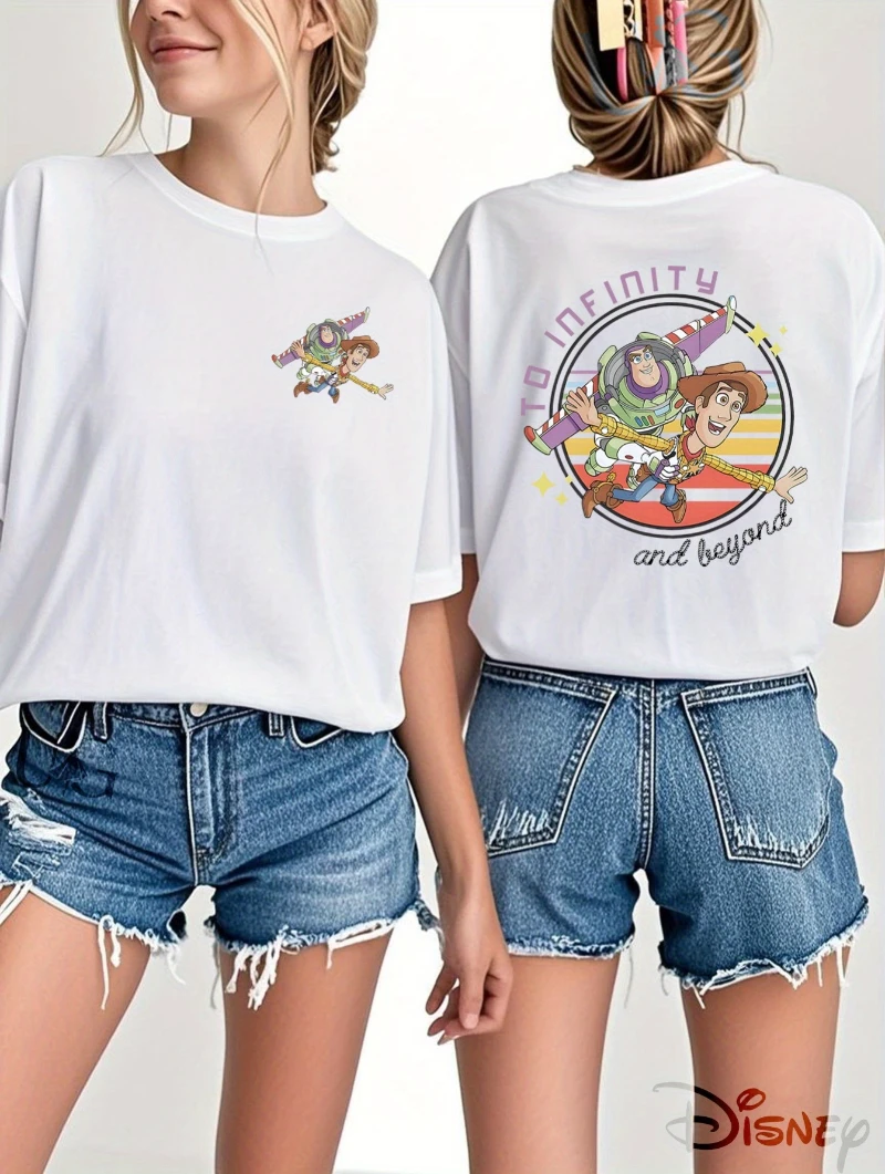 

Женская футболка «История игрушек Диснея» «To Infinity and Beyond» — повседневная футболка с короткими рукавами и дизайном Buzz Lightyear и Woody