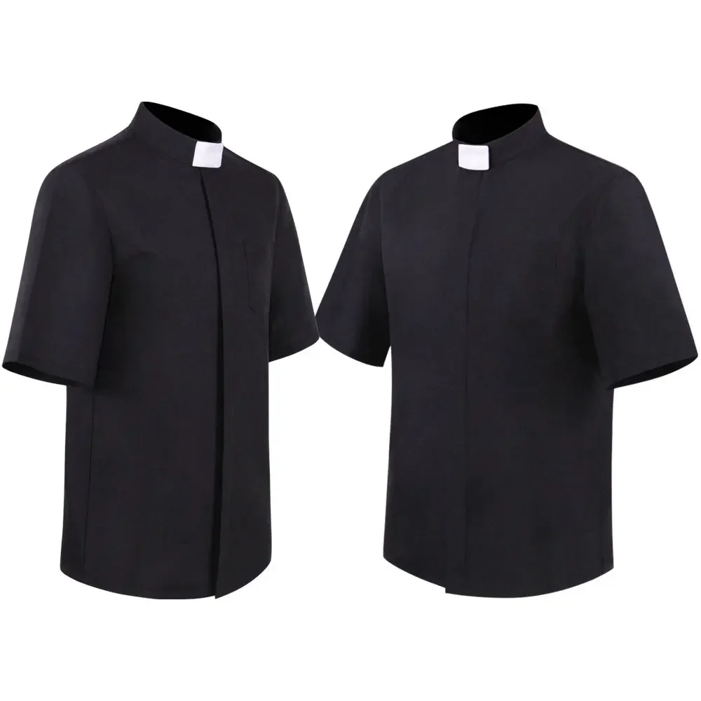 Halloween Black Priest Shirt Men Clergy Stand Collar Catholic Church Missionary Short/Long Sleeve Top Role Play Roman Polo Shirt