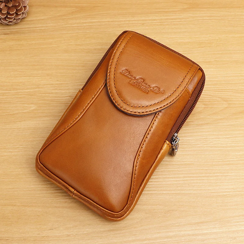 Men's leather waist bag Multi functional small bag Head leather 5.5 inch 6-inch mobile phone bag Belt waist bag image 2