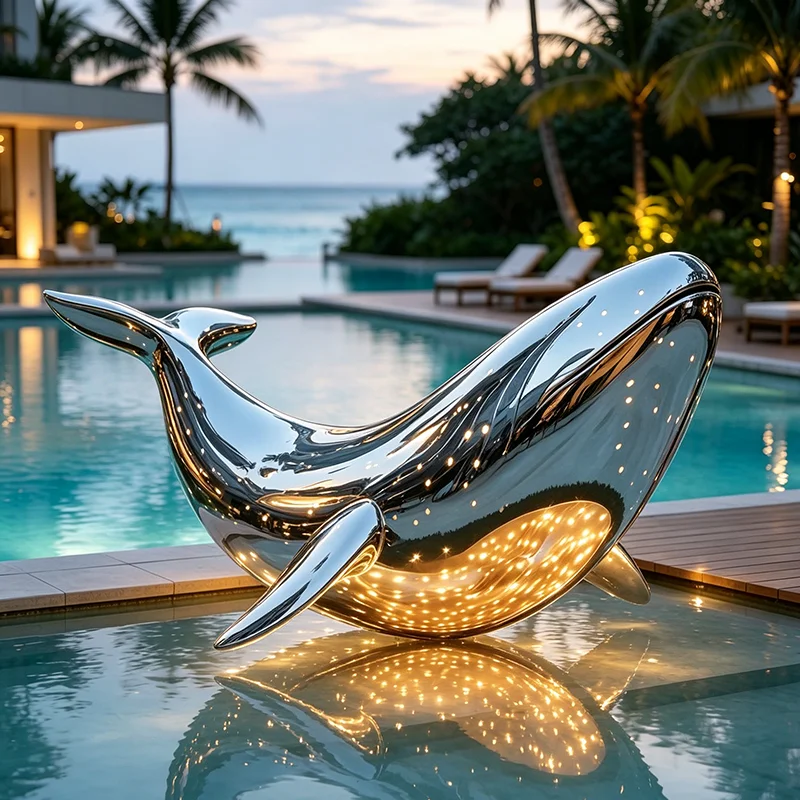 Modern Abstract Fashion Silver-Plated Polished Stainless Steel Whale Sculpture Illuminated Large Outdoor Pool Garden Landscape