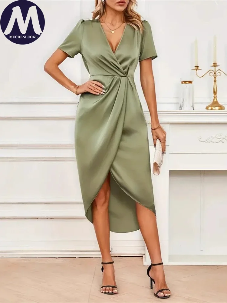 Elegantes Damen-Satinkleid Sommer V-Ausschnitt Kurzarm Unregelmäßiger Schnitt Modisches Sexy Party-Abendkleid
