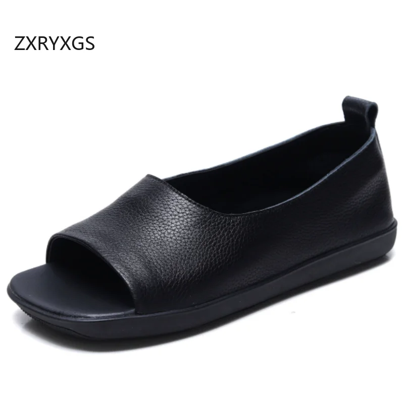 ZXRYXGS Top Layer Cowhide Fish Mouth Sandals Flats 2026 New Summer Women Real Leather Sandals Comfortable Soft Sole Flat Sandals