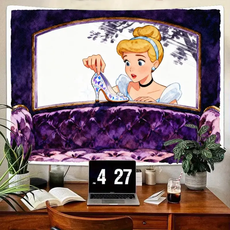 

1 шт., гобелен принцессы Золушки Диснея, фиолетовые стеклянные тапочки Kawaii, настенное искусство, современный декор для спальни, гостиной, подарок для Диснея