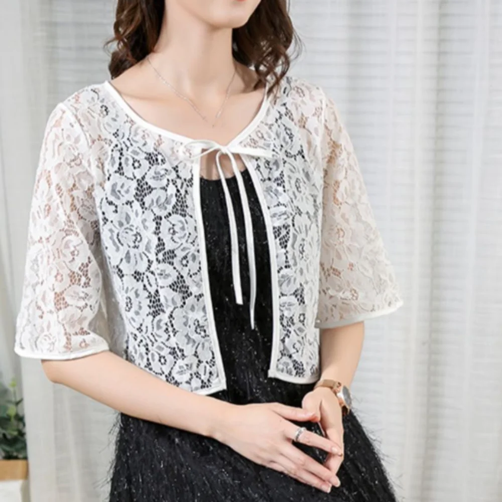 Flower Mesh Small Shawl Jacket Transparent Lace Up Lace Cardigan Shirt Short Sleeve Korean Style Sun Protection Cardigan Tops