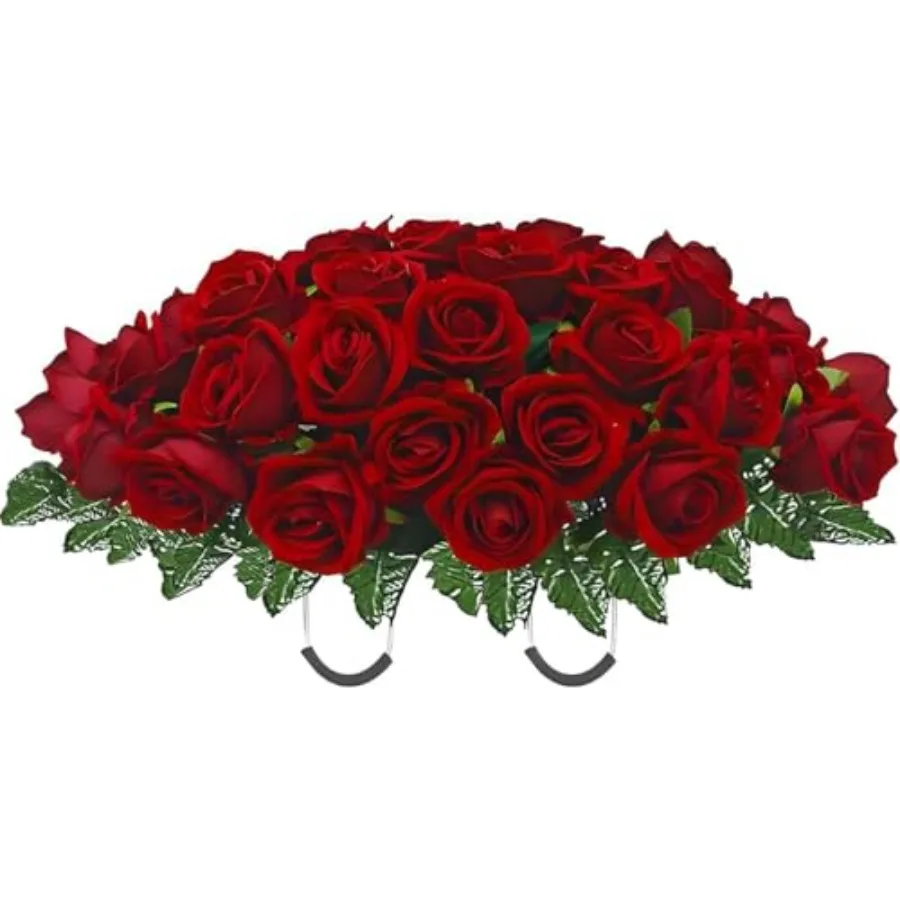 

Artificial Roses Cemetery Flowers Outdoor Grave Decorations Saddle Arrangement for Headstone, Tombstone Memorial Decorations, E