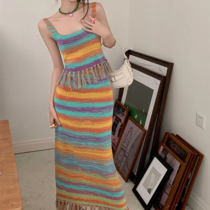 Super Immortal Fresh Design 2023 Small Popular Contrast Stripe Fringe Slim with High Waist Halfskirt Two Piece Set for Women