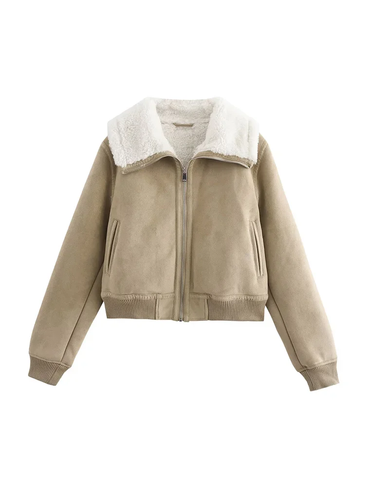 

Willshela Women Fashion Khaki Front Zipper Jackets Vintage Lapel Neck Long Sleeves Female Chic Lady Outfits