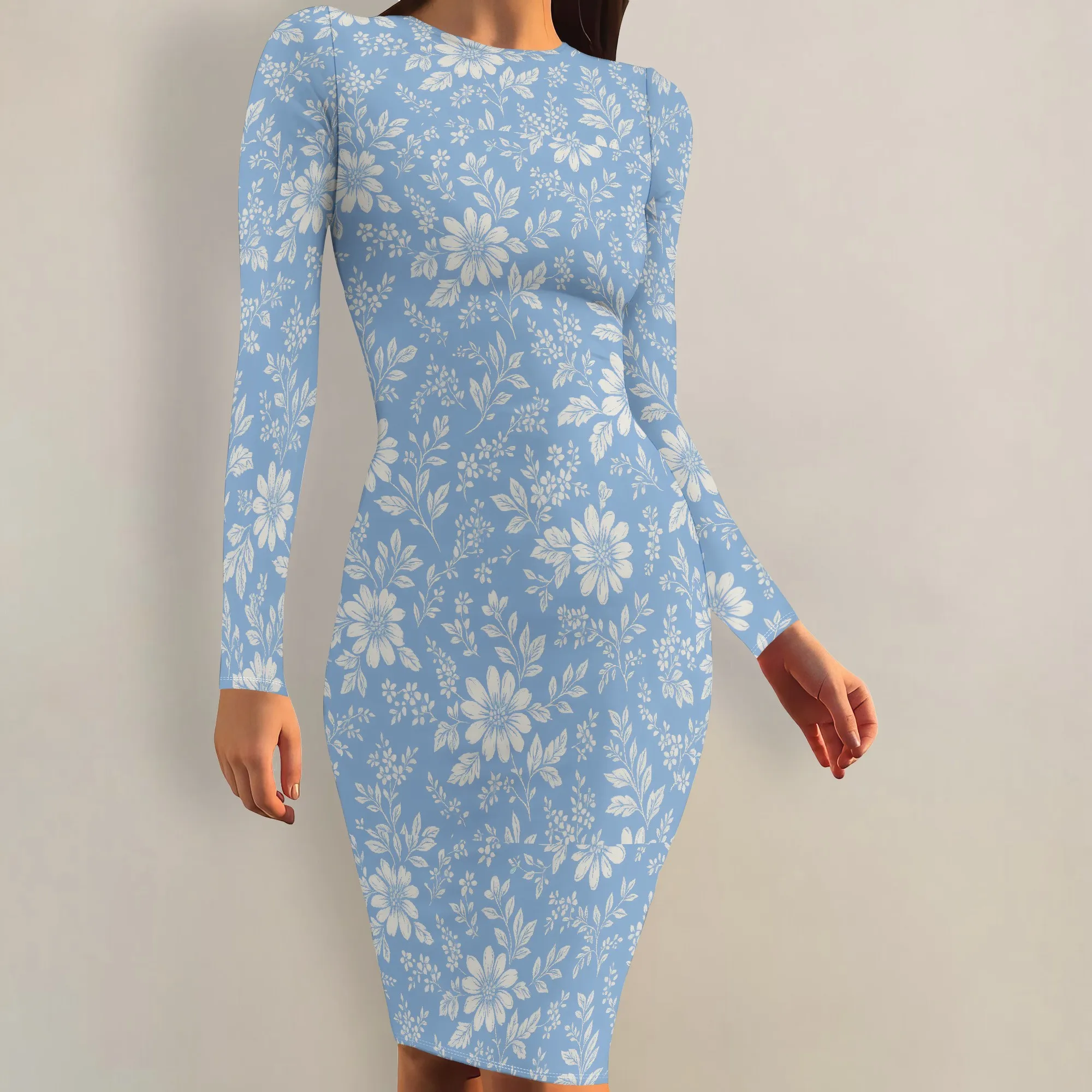 فساتين Bodycon للنساء بأكمام طويلة، فستان متوسط الطول مثير برقبة دائرية، فستان أساسي للحفلات غير رسمي