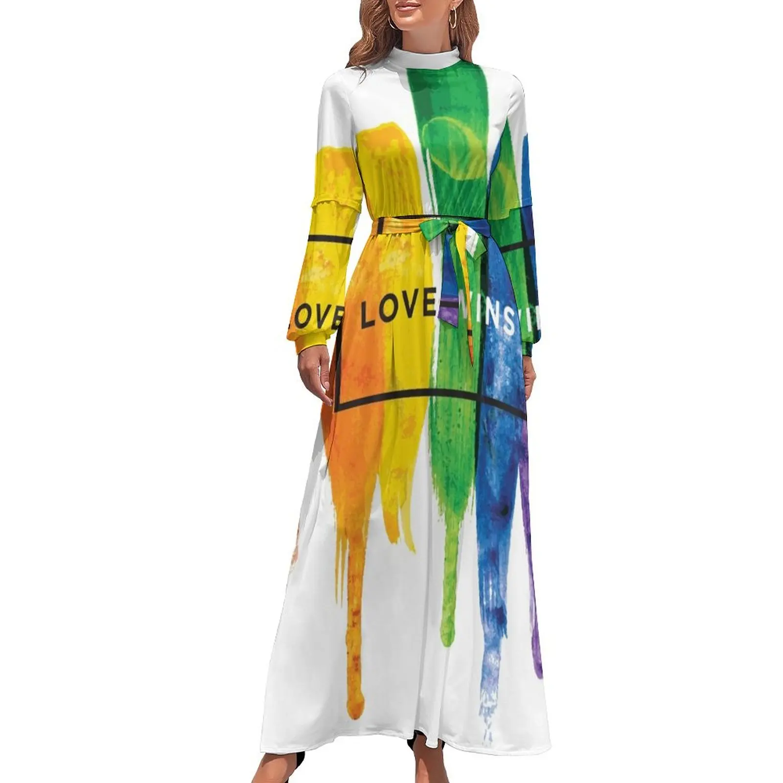 

Watercolor LGBT Love Wins Rainbow Paint Typographic Long Dress Women's dress women's elegant loose dresses