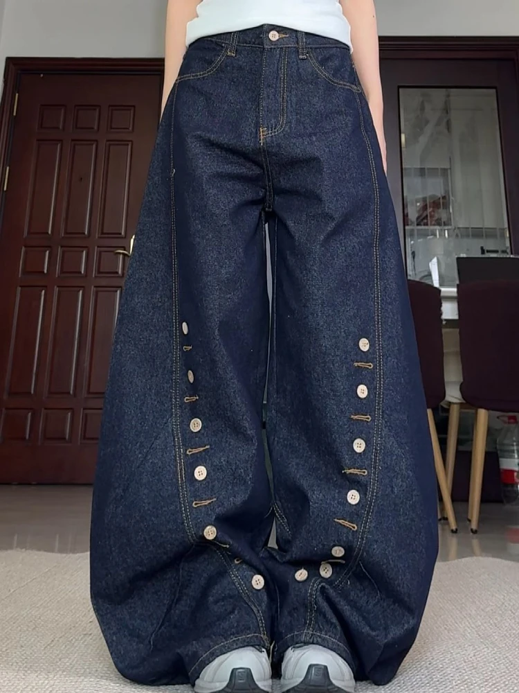 

Джинсы с высокой талией и широкими штанинами для мужчин и женщин, свободный крой, винтажный американский ретро-стиль, с пуговицами, повседневные длинные брюки прямого кроя