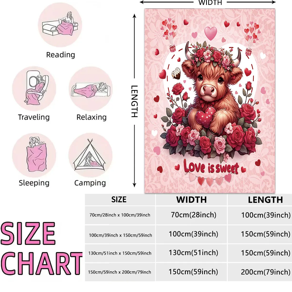 قطعة واحدة من بطانية الفانيلا المطبوعة على شكل بقرة مرتفعة لعيد الحب الوردي بأحجام مختلفة، بطانية ترفيهية مريحة وقيلولة قابلة للغسل في الغسالة